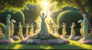 Garden of Living Statues:
In a sunlit garden, statues come to life with the first rays of dawn. Marble figures dance, their movements fluid and ethereal. Flowers bloom in kaleidoscopic colors around them, harmonizing with the joyous melodies of the awakened sculptures.