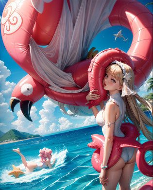 Giant inflatable flamingo with arafin in white swimsuit, Larisa Manobal, With a large starfish, Lalisa Manoban in blackpink, roseanne park of blackpink, Belle Delphine, Junko Enoshima, tentacles around, wearing a swimming wear, ava max, sun yunjoo, inflatable, ???, jossi of blackpink