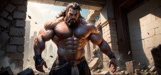 The oil painting depicts Samson, a biblical character, em uma cena impressionante e poderosa. Samson is positioned between two destroyed wall columns, symbolizing their strength and impending doom. The scene is illuminated by rays of sunshine that pierce through the cracks of the walls, creating a striking contrast with the surrounding darkness.

Samson, with his imposing figure and sculpted muscles, Raise your mighty arms, demonstrating his incredible physical strength. Seu longo, loose hair dances in the air, representing your connection to divinity. His gaze is determined and fierce, demonstrating their determination to fulfill their destiny.

The surrounding walls are in ruins, with broken stones and debris strewn across the ground. The environment seems chaotic, as if the structure itself was giving way under Samson's formidable force. The details of the cracks and stone fragments emphasize the magnitude of Samson's destructive power.

The painting conveys a sense of intense and impending energy. Samson's imposing posture among the shattered columns reveals his connection to impending doom. The light of the sun's rays that pass through the cracks of the walls underscores its importance and central role in this moment of great significance.

Through this work, the painting captures the essence of Samson's story, emphasizing its outsized strength and its role as a divine instrument of justice and revenge. The image conveys a sense of power and triumph, while evoking a sense of impending tragedy, for Samson is aware of the consequences of his actions. --auto