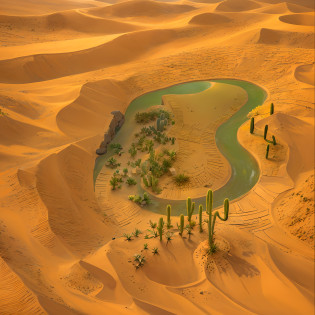 Aerial view from satellite?A desert?sand dune?There is an oasis in the middle of the picture(cacti?aloe?sand dune?lake?tenten?camelstoe)?( reasonable design, Clear lines, High sharpness,best quality, Very detailed, masterpiece, movie lighting effects, 4K ), Ray traching?
