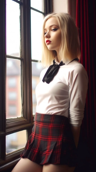 A beautiful woman standing next to a window, posing in a white top with a black tie and short micro miniskirt, in the style of punk rock aesthetic, black and red, Glasgow style, long blonde hair, schoolgirl lifestyle, photography, 32k --ar 9:16 --s 750