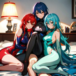 Three women in lingersuit suits sitting on a bed with a lamp, garotas de anime, estilo anime Ecchi, Personagens de Azur Lane, Ecchi, pixiv 3dcg |, Estilo de pista Azur, Guweiz em Pixiv ArtStation, Do videogame Azur Lane, Wlop e Sakimichan, Guweiz em ArtStation Pixiv |, flesh, naked,naked,exposed, skin
