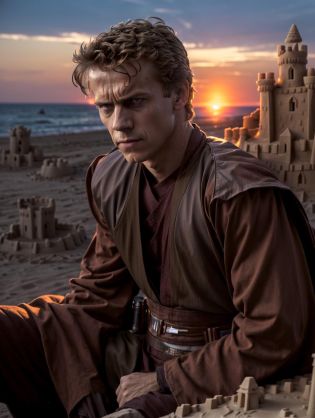 A sad half body photograph of (angry512:1.4) (episode2 AnakinSkywalker) crying, sulking, (sitting next to a small sand castle:1.4) at the beach, wearing dark robes, sand, coarse sand, rough sand, irritating sand, sand gets everywhere.
fcPortrait, highres, high resolution, detailed, cinematic, artistic shadow, sunset, depth of field,
<lora:LowRA:0.3> <lora:add_detail:0.3> <lora:anakin:0.9>