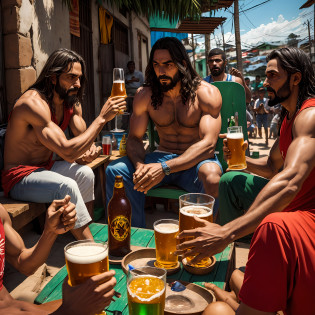 Jesus and the devil playing truco in the favela of Rio de Janeiro drinking beer in a samba circle --auto