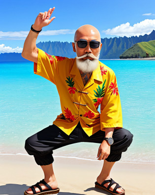 Chinese Old Man?a person?(skin head?Black sunglasses?South Island?sand beach?realisitic?top-quality?hight resolution?a picture?Aloha shirts?breeches?sandal?Long white beard?hilarious pose