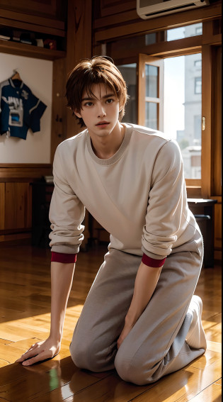 (((Best quality))),(((Ultra detailed))),(((Masterpiece)))??Cute tall Shota?3??The height of a volleyball player?solo person??full bodyesbian?3???Stay away from the lens?3??Expose your legs??revealing the whole body?2???Frontal heads-up view?1.2??malefocus??looking at viewert??16 yaers old??Tall?3???Tall guy?2??Super tall??Height 300 cm?2??Excellent body proportions?muscular physique??1.The shoulders are 5 times wider?1.2???Slender straight legs?2.5??muscle leg?Slender feet?small heads?musculous?The face of the animated male protagonist??Very detailed beautiful face and eyes?2???Big bright eyes?1.2??Sharp eyeliner?Clear and beautiful face?exhilarated??laughingly?2??short detailed hair??Correct facial features???tilts your head?1.5???Men's sweatshirt?2)?Long sport men's socks??Muscle firming?2??Strong??Wide shoulders and narrow waist?2.2??Detailed muscle texture?Highlights muscle structure?in class room??kneels on the ground?4???full length shoot??ultra-realistic realism, (Photorealistic detail), Incredible accuracy, lifelike textures, masterful technique, Jaw-dropping precision, artistic dedication??anatomy correct??Good lighting?exquisite detailing?Best quality?stunning masterpiece?CG??Colored screen?