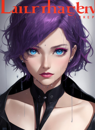 Live lighting on background, red and yellow spot lighting behind it, magazine cover, cover, design, with title, with title logo, title logo larger, more articles, allafed woman with purple hair and blue eyes and purple hair, portrait color glamour, color portrait, wet makeup, leaky makeup, color photo portrait 4K, creative colorful makeupDirty woman with rainbow hair, rain portrait, editing portrait, portrait image, photo portrait, post-grunge portrait, 8k artistic portrait photo