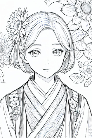 masterpiece, acura, 1girl, solo, hanfu, short hair, close up, flower line drawing background, white background, monochrome, line drawing, ((sketch))