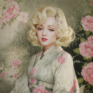 Alafo woman in kimono with flowers in her hair ((face of beautiful Marilyn Monroe: 1.2)), Japanese style, kimono, kimono, traditional person, model, kimono, Japanese style, hanf, Shinsui Ito, Japan kimono, wearing kimono, white hanf