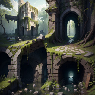 (Numerous award-winning masterpieces, with incredible detail, textures and maximum detail), (hyper realistic:1.4), (realistic:1.3), (best quality real texture skin), (see-through:1.4), (crumbling stone ruins of medieval Europe), (crumbling stone ruins covered with moss and ivy), (crumbling stone temple ruins returning to nature), (crumbling stone ruins eroded by a clear stream), (tree roots crawling along a crumbling stone wall), (clear stream with slow flow), submerged, beautiful plants, (scattered Skeletons: 0.4)