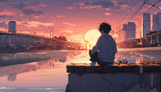 Anime boy sitting on a ledge playing a guitar at sunset, Anime Art Wallpaper 8K, Anime Art Wallpaper 4K, Anime Art Wallpaper 4K, Estilo anime 4K, 4k anime wallpapers, 4k anime wallpapers, 4k anime wallpapers, Wallpapers manga 4K wallpapers, Makoto Shinkai Cirilo Rolando, the girl plays the guitar, menino lofi