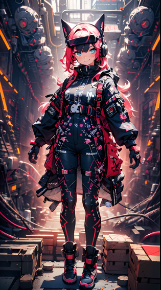 (cyberpunked),Optical camouflage?VR Goggles?Neon light?City of the Future?Jumpsuit?(1girl in, Solo:1.6),(Cute smile),(Clothes are simple), (Best Impact:1.5), (maximalism:1.7), Vivid contrast, (Realistic), hyperrealistic illustrations, hight resolution, ultra-detailliert, absurderes,(Fractal Art:1.3)?Random hairstyle?Random hair color colorful?FULL BODYSHOT?Retro?Precise focus?randome pose?cinema4d?Drama