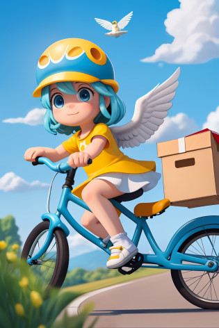 Poster, background blue sky white cloud Pixar style, 3D, (a yellow cute metal two-wheeled bicycle flying in the air 1.4), a bird beak in the air holding a cardboard box, cute child driving a two-wheeled bicycle, the car is full of express cartons, there is a courier carton on the chest, cartoon cute, a lot of details, the sense of space before and after is obvious, the picture should have impact