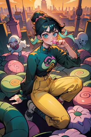 yellow shirt, yellow pants, yellow hair, yellow sky, yellow drunkset, yellow cats, yellow bed, wearing low rise baggy camo pants with square pockets and a cute decorated bra with chains and tore pants, yellow pants, change background, CITY LANDSCAPE, PINK HAIRED, Cotton CANDY, long black haired princess girl with her short green haired zombie boyfriend (((DEMON SLAYER anime art style theme))) ANIME STYLE. TRADITIONAL CHINESE MANGA, Singing into microphone, sitting on large dice, yellow theme, sisters, couple, shibari over a floral dress, crocs with charms, frilly ankle socks with bows, large bows, color schemes pink, pink glowing elements, light effects, bright lights, aura, light rays, back lighting, warm back light, background is just pillows, dynamic pose, vogue model, prada model, gucci model, long braided hair, flowers, dot tattoos, piercings, fishnets, mini jean skirt, and strap-less top, y2k, white water, underwater with fishes everywhere holding breath eating fish, Ultra maniac anime manga style theme (nana manga) Kamikaze kaitoujin, full body high quality 4k illustration, ceiling view pose girl looking into camera from a white bedsheet and blood splatter, Junji ito style, (uzumaki, lit. 