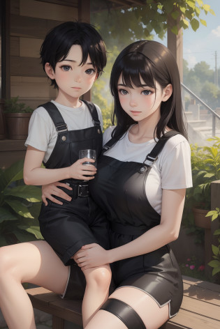 A young boy with overall sitting on his mom's lap, outdoor, the mom wears black shorts, the mom has big medium thighs, shiny skin, illustrations or oil painting style, ultra-detailed, realistic, vibrant colors, natural lighting