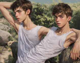 Avi Angel, skinny teen boy with defined lean body, standing on a rock, whole body visible, far from camera, shot from below, lower angle shot, whole body visible in camera, braces, age 16, bare feet, wearing long sleeveless t-shirt with dropped armhole, hands behind head, arms behind head, wispy armpit hair showing closeup, sticky armpit hair, armpit hair, teen boy, braces, best quality, Amazing anatomy, attractive teen boy, lean body, hot teen boy