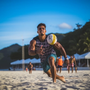 Beach volleyball, with white sand, human players, net, and players, environment, EOS R5