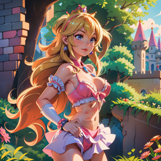 a peach princess, one princess peach, super mario bros princess peach, peach princess from the game super mario bros, blonde haired princess, beautiful blonde hair, long blonde hair, bangs looks like a heart, white short skirt, pink bikini covering breasts, breasts with pink bikini, pink bikini, wearing pink bikini covering breasts, plastic pink bikini, wearing white short skirt smiling for camera,  in front of mushroom kingdom castle, mushroom castle, blonde haired princess, blonde princess barbie, detailed crown, super mario bros game, peach princess, beautiful princess, princess posing for photo, super mario bros world princess, beautiful breasted princess, beautiful breasts, barbie princess, perfect body, slim waist, thin-waisted princess, big ass,  princess with big ass, princess posing for photo in front of super mario bros game mushroom kingdom castle, super mario bros movie, mushroom kingdom princess, super mario game mushroom kingdom