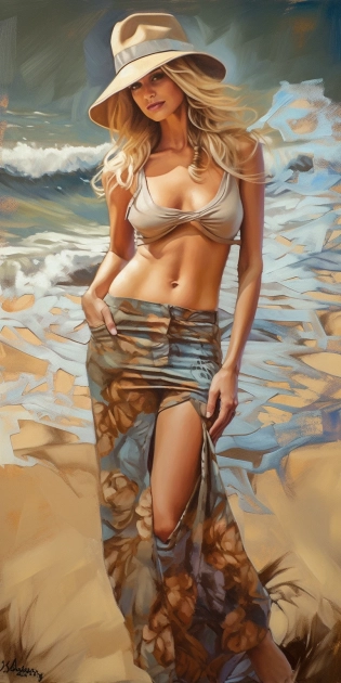 Oil painting, Full body shot, beautiful blonde woman at beach, with nice hat, magic background, sun raws --ar 2:4