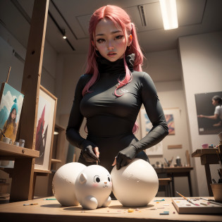 MOCHI is an art and craft studio that offers a unique and captivating experience for artists and enthusiasts. With a striking combination of black, red, and white colors, the studio's brand is embodied by a beautiful model with vibrant pink hair. She draws using fundamental geometric shapes such as cylinders, cones, tubes, triangle blocks, and spheres, bringing depth and structure to her artwork.

Located in a dedicated sculpture studio, MOCHI provides a spacious and well-equipped environment for artists to explore their creativity and develop their sculpting skills. The studio specializes in creating sculptures of beautiful girls, aiming to capture the grace and elegance of the female form. These sculptures celebrate the innate aesthetic appeal of the human body while conveying a sense of sensuality, strength, and vulnerability.

Under the guidance of the studio's passionate and dedicated owner, MOCHI offers a range of art supplies and materials for artists to experiment and create their own masterpieces. The emphasis on geometric shapes provides a solid foundation for artists to explore form, tone, and composition, enabling them to express their artistic visions with precision and creativity.

The atmosphere at MOCHI is one of inspiration and artistic exploration. Artists are encouraged to unleash their imaginations, pushing the boundaries of traditional sculpting techniques while incorporating futuristic elements. The studio serves as a hub for artists to collaborate, learn from each other, and discover new approaches to sculptural art.

Whether you are a professional artist or an enthusiastic beginner, MOCHI welcomes you to a world of artistic expression. Through its distinctive brand, captivating model, focus on geometric shapes, dedication to girl sculptures, and commitment to providing a nurturing and inspiring environment, MOCHI stands out as a premier art and craft studio for all who seek to create and appreciate the beauty of sculptural art. --au --auto
