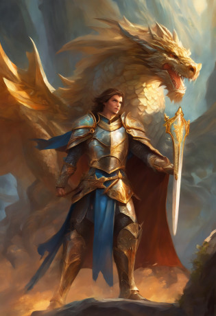 In a world of magic and dragons, a knight stands out with his modern suit of silver-plated armor. His brown hair is neatly combed, and his blue eyes shine with determination. He holds a war hammer in one hand and a shield in the other, ready to face any challenge. His cape, adorned with golden trim, adds a touch of elegance to his otherwise battle-ready appearance.
