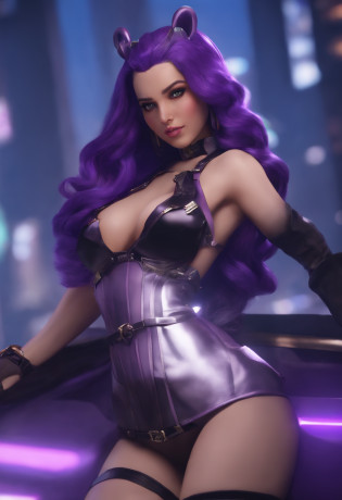 There is a woman with purple hair and a purple outfit posing, Quarto de masmorra de couro roxo, Capturado na Canon EOS R 6, renderizado em sfm, Fofosexyrobutts, Yuri Misaki, gadget hackwrench, 8k arte detalhada de alta qualidade, noire cena mal-humorada, shalltear from overlord, WLOP pele brilhante, pele roxa lisa, oppai cyberpunk