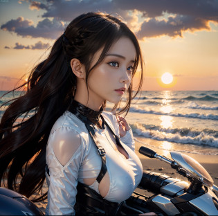 (top quality, masterpiece), 1girl, intricate details, (shading realistic lighting), huge file size, high resolution, elegant, realistic, (perfect anatomical depiction of the human body), teenage girl is stopping her motorcycle on the beach at dark sunset and looking somewhere, serious expression, the girl has whitening skin blue eyes and partially braided long hair is a brunette Japan, japanese, (the girl has very big), (the girl has super big), (the girl has a thin waist), (the girl has thin thighs), (the girl has a baby face), ((the girl wears a white bodysuit with smooth thin fabric)). (The girl's bodysuit has very cramped breasts), (The girl's white bodysuit has crimson lines on the outside of her limbs), (The girl wears a white bodysuit, red-white boots and gloves so she can't see any skin except her face), (The girl's bodysuit crushes her large breasts and spreads to the side), (Beautiful big blue eyes), (Thin and clear double eyelid lines in the eyes), ( Tear bags with glossy, plump and bright tones under the eyes), (pale blue iris), (some highlights on the iris and pupil), (red representation of the conjunctiva), (long eyelashes that are well visible), (taut swimsuit with super big), (skin and hair glistening in the setting sun from behind), (hair fluttering heavily in the strong sea breeze and shimmering in the backlight of the setting sun). ((The girl is standing in front of the motorcycle and looking into the distance)) , (shot showing the whole body, the motorcycle, the sea and the sunset), The motorcycle is a one-light naikit type, Holding a black helmet in one hand, The sun is dyed crimson on the horizon behind it, the sky has a gradient to a dark purple that is darker as it moves away from the crimson of the horizon, a very dark scene that is almost night, strong contrast between light and shadow, perfect hands, nice hands, mirage farina,