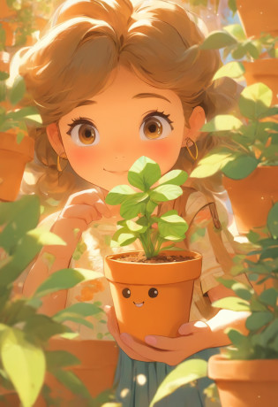 one book?Little girl holding a photo of a potted plant, in the style of detailed character illustrations, lilia alvarado, Playful cartoon illustration, honeycore, Close-up, Digital illustration