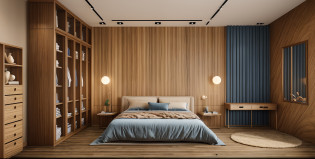morden bedroom design, cream tones, 1 bed, 1 bedside table, 1 night light, bedside cabinet, 1 makeup drawer, 1 floor carpet  blue, (wood floor:1.3) , leveled plaster ceiling with moldings , 1 gray curtain with glass wall, luxurious, elegant, surreal, 8k resolution, render vray, rendered by unreal engineer 8k, best quality, super product, masterpiece, super detailed, extremely detailed,(masterpiece),(high quality), best quality, real,(realistic), super detailed, (full detail),(4k),8k