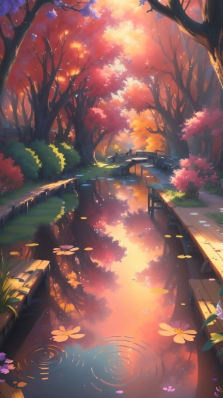 there is a painting of a pond with a bridge and flowers, anime lush john 8k woods, anime art wallpaper 4 k, anime art wallpaper 4k, anime art wallpaper 8 k, anime background art, anime wallpaper 4k, anime wallpaper 4 k, anime beautiful peace scene, beautiful anime scenery, 4k anime wallpaper, anime nature wallpap