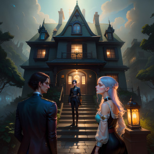 uma mulher e um homem em frente a uma casa, Ghibli Tom Bagshaw, Arte no estilo de Guweiz, Arte Estilo Tom Bagshaw, Makoto Shinkai e Tom Bagshaw, arte chave, Charlie Bowater e Tom Bagshaw, no estilo de tom bagshaw, Dan Mumford Tom Bagshaw, No estilo de Tom Bagshaw
