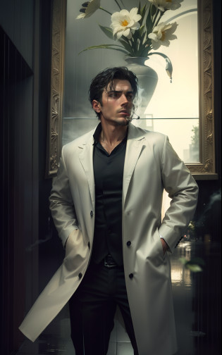 (a masterpiece), exceptional quality, in the rain, lonely, man in suit smoking (cigarette), looking up, slightly wet floor, reflection, neons.