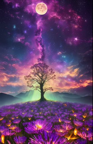 (expansive landscape artwork), (dramatic sky above, open field below), (a figure standing amidst a field of flowers, gazing upward), (luminous full moon:1.2), (captivating shooting stars:0.9), (mystical nebula:1.3), distant mountains, towering tree BREAK (production art), (warm and inviting light source:1.2), (magical Firefly:1.2), enchanting lamp, abundant purple and orange hues, intricate and elaborate details, ethereal volumetric lighting BREAK (exquisite masterpiece:1.2), (unparalleled quality), 4K resolution, ultra-detailed rendering, (dynamic and engaging composition:1.4), richly detailed elements, vibrant and lively colors, (iridescent colors:1.2), (softly glowing and atmospheric lighting), dreamlike and enchanting atmosphere, (solitary atmosphere, (solitary figure:1.2) --auto --s2