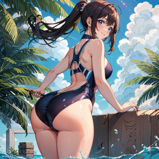master-piece,hyper quality, hyper detailed,perfect drawing,solo, brilliant, beautiful, beautiful girl in swimsuit, round and cute ass, punipuni, meaty ass, ass sticking out pose, B99W66H110, height 140cm, chubby, plump, tanned skin, cheeky smile, swimming club, competitive swimsuit, One-piece type swimsuit, sober swimsuit, 18 years old, legs shoulder-width apart (30cm), embarrassed expression, blush, moist eyes, blue sky, school swimsuit, competitive swimming pool, taken from the back diagonally below, thin fabric swimsuit, forward light, sunlight, summer sky,