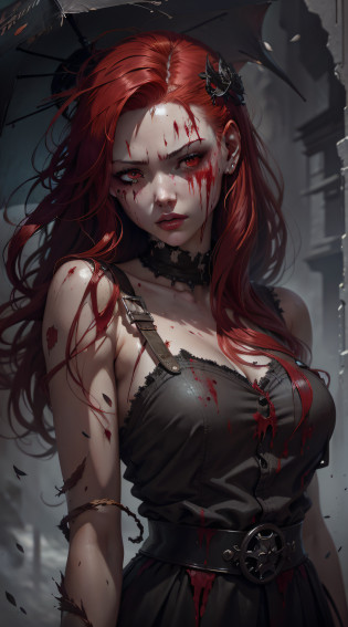 Arafed woman with red hair and bloodied face, deviantart artstation cgscosiety, WLOP |, Art de style dark fantasy, Dark Fantasy mixed with realism, artwork in the style of guweiz, inspired by WLOP, Loish et WLOP, sanglant + Art conceptuel, Gagnant du concours CGSOCIETY!!, par WLOP