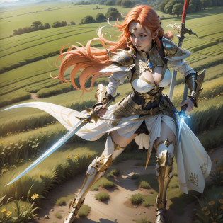Close-up of a woman holding a sword in the field, full body, ginger sword, war blade weapon, shiny sword, wielding sword, fantasy blade, beautiful sword, huge super large sword, holding fantasy sword, fantasy sword, fantasy sword, warrior sword, ghost blade style, holding a giant sword, wielding a magic sword, holding a giant sword, shining sword, 2K