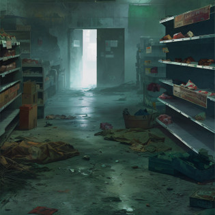 Alafid view of a dirty and empty supermarket?Feel free to stock the shelves with a few items? Correct perspective?photorealistic dark concept art, eerie nostalgic concept art, post grunge concept art, Post-apocalyptic shopping mall, Dystopian digital concept art, highly realistic concept art, silent hill concept art, post apocalyptic atmosphere, author?Alexander Jean, clean concept art, Post apocalyptic scenario