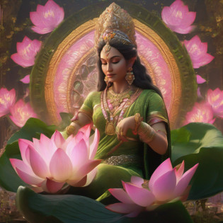 Draw a green-skinned woman sitting on a lotus?Pink lotus?There is a halo on the top of the head,((Best quality)), ((Masterpiece)), (High definition:1.3), 3D, Beautiful , hdr (HighDynamicRange), Ray tracing, NVIDIA RTX, Super resolution, Unreal 5, Subsurface scattering, PBR Texture, Post-processing, Anisotropic filtering, Depth of field, Maximum clarity and sharpness, Multi-layer textures, Albedo and specular maps, Surface coloring, Accurate simulation of light-material interactions, Perfect proportions, Octane rendering, Two-tone lighting, Low ISO, White balance, Rule of thirds, Wide aperture, 8K raw data, High-Efficiency Sub-Pixel, Subpixel convolution, Luminous Particle, goddess of love and peace, Lotus, indian goddess of wealth, standing gracefully upon a lotus, sitting on a lotus flower, hindu god, Divine goddess, Beautiful goddess, the non-binary deity of spring, Goddess. Extremely high detail, goddess of love, flower goddess?tmasterpiece?