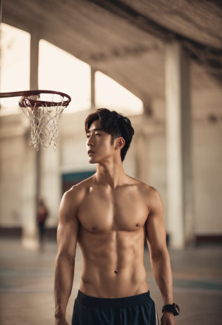 Korean guy, shirtless, abs, basketball