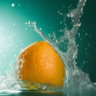 Ultradetailed photo of a citrus fruits falling into water