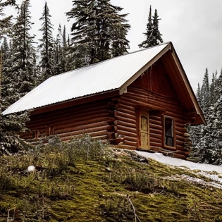 canadian style cabin on top of a snow mountain overgrown, hyper realistic, forest, 8 k, denoised, by gregory crewdson, cinematic lighting