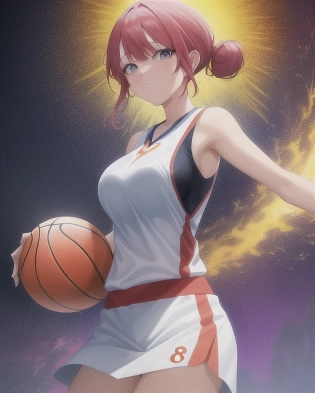 A beautiful girl playing basketball. The painting is anime, professionally color graded, 8k HDR, vivid, bright, anime faces, hyper resolution, depth of field, and created by Artgerm, Greg Rutowski, and Alphonse Mucha with volumetric lighting. The painting has very bright colors and uses anime faces that are not distorted. The camera is a from above view.