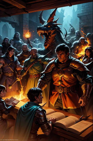 painting of a group of people fighting in a room with a fire, rpg rulebook illustration, roleplaying game art, fantasy rpg book illustration, dnd cover art, high quality dnd illustration, dungeons and dragons fantasy art, dungeons and dragons artwork, dragonlance illustration, d&d artwork, dungeons and dragons art, d & d digital painting, rpg illustration