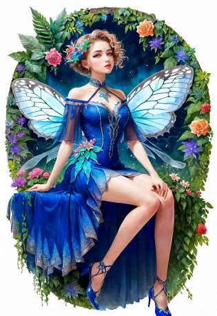 (Top Quality, Top Quality, Masterpiece), Beautiful Aesthetic, Intricate Detail, Super Detail, Artistic, Fantastic, Vintage Style, (Cobalt Green, Watercolor), Vivid, Colorful, Minimal, Russian girl, (Glamourous Fairy), Eyelashes, Slender body, leaf dress, flower, butterfly, plant, (fractal art, colorful pattern, zentangle:1. 1), (simple background), (full body), sit, dynamic composition, UHD, HDR, 8K, (Masterpiece:1. 5), (best quality:1. 5)