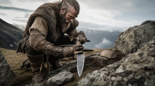 A stunning, ultra-realistic photograph of a fierce Viking warrior meticulously sharpening his formidable blade amidst the rugged, untamed wilderness of the Scandinavian landscape. The scene is captured with a Nikon D850 camera using a 70-200mm f/2. 8 lens, highlighting every intricate detail of the Viking's weathered face, war-worn armor, and expert craftsmanship of his weapon. The settings used are an aperture of f/4, ISO 400, and a shutter speed of 1/200 sec, balancing the natural light and shadows to emphasize the intensity and determination in the Viking's eyes. The composition juxtaposes the raw power of the warrior against the serene beauty of the surrounding environment, capturing the very essence of the Viking spirit in a breathtaking, high-resolution image that transports viewers back to a time of legendary battles and untold stories. --ar 16:9 --q 2