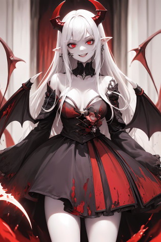 (masterpiece:1.2, best quality),(best illumination, extremely exquisite),(best illumination, extremely exquisite), (beautiful detailed face), (exquisite eyes and exquisite face:1.2), dark fantasy , (girl, small Beast, 1girl, solo, crazy smile, pale skin, white hair, red eyes, dynamic angle, vampire), (huge vampire castle in the background), (red moon, red sky), pointy_ears, fangs, demon Wings, Devil Horns, Blood on Face, Blood Rain, Blood Fog, (Depth of Field), High Contrast, (Blood Splatter: 1.4), Cowboy Shot, Full Body,