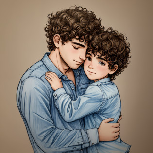 Drawing of child hugging his father Child boy of 7 years, short and curly hair who liked to wear girl's clothes but was a man, hugging his father drawing --ar16:09 child hugging father ,father different --auto --s2