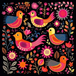 little birds on black background, playful, whimsical illustration, bold colors, the helsinki school, iban art, dark pink and amber, colorful gardens, folk art style, naive art style, inspired by Mary Blair �v 5. 1 --s 250