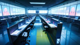 There are a lot of computer desks and chairs and a large screen, oversized room, lots of computer desks, lecture halls and command rooms, offices, futuristic clone facilities, wide angle, 
