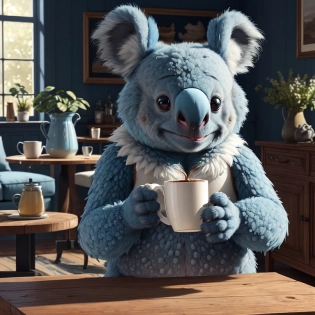 blue koala as a muppet, spongy texture, having a coffee on a wooden table, classic living room in the background, high detail, hd, extremely detailed cg unity 8k wallpaper, high detail, photorealistic painting art by midjourney and greg rutkowski, matte, bryan organ